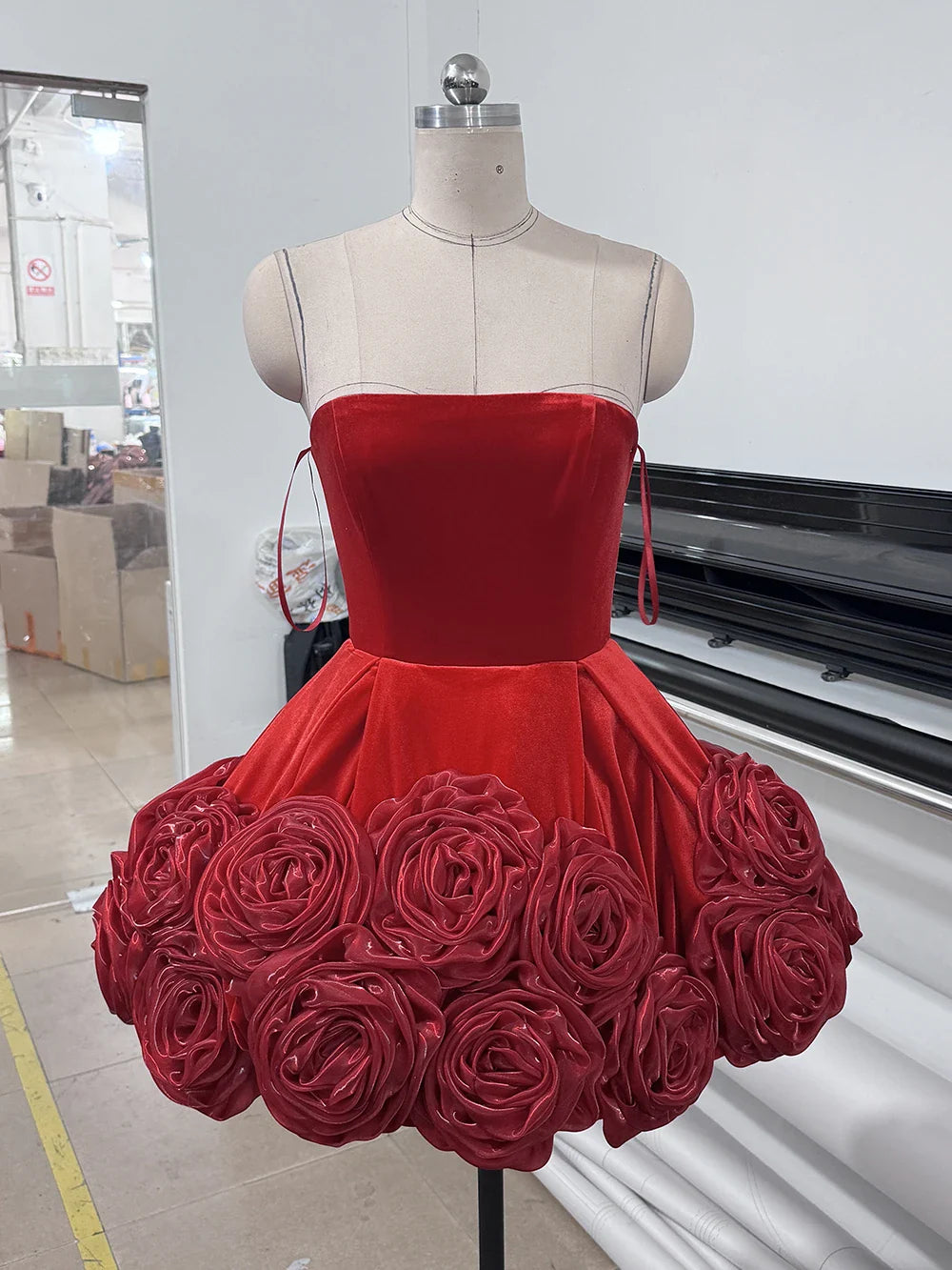 Modphy 2025 Red Strapless Ball Gown Women Velvet Mini Dresses Sexy Sheath Short Guest Birthday Party Wedding Gowns