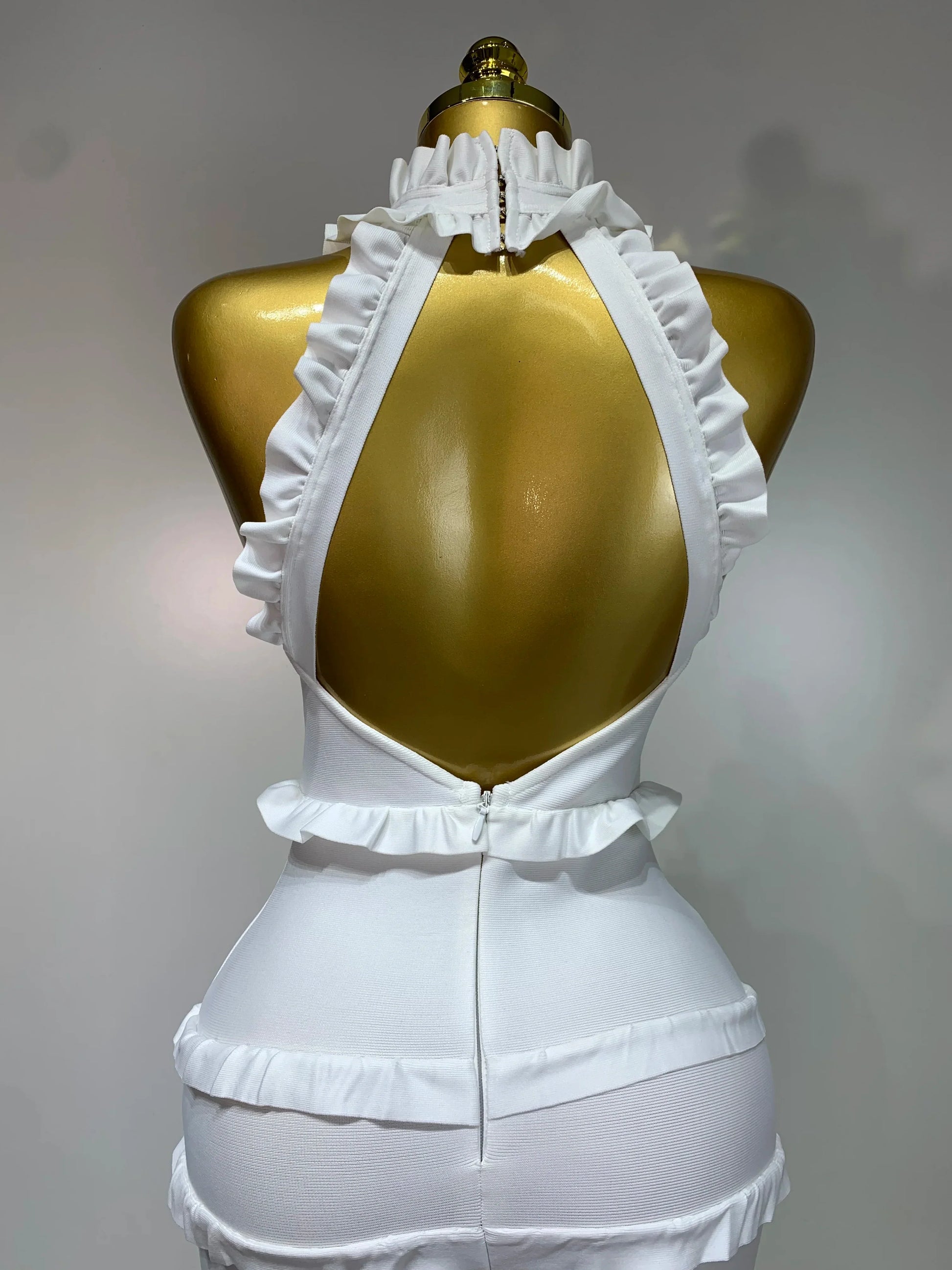 New High quality White Elagant Retro Ruched High Collar Bodycon Bandage Dress Evening Party Fashion Simple Birthday Gown