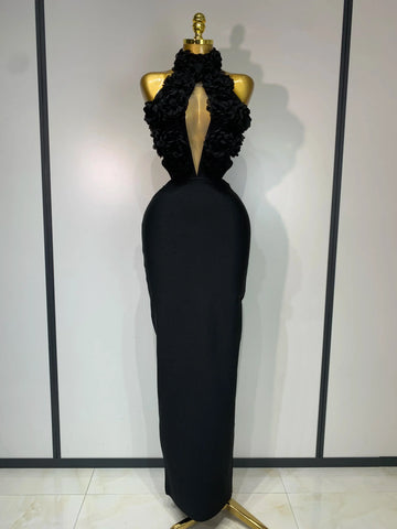 Women Sexy Halter Hollow Out Flowers Bodycon Bandage Dress Red Backless Celebirty Elegant Party Luxury Birthday Wedding Dresses black