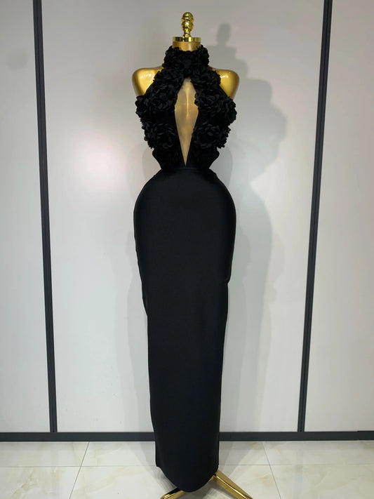 Women Sexy Halter Hollow Out Flowers Bodycon Bandage Dress Red Backless Celebirty Elegant Party Luxury Birthday Wedding Dresses black