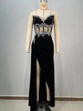 2025 Women Light Luxury Nail Bead Maxi Dress Strapless Sleeveless Slimming Patchwork Split Body Long Dress Evening Party Vestido black
