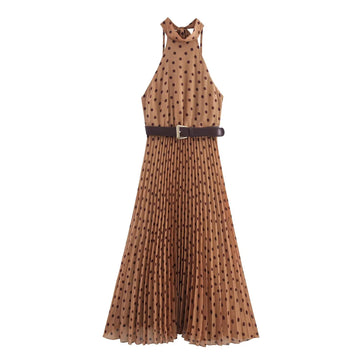 2025 summer new women's clothing fashionable temperament versatile polka dot hanging neck collar dress with belt