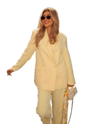 Elegant Solid Slim Women's 2 Pcs Suits Lapel Shoulder Pad Full Sleeves Button Blazers High Waist Pants Chic Office Lady Outfits