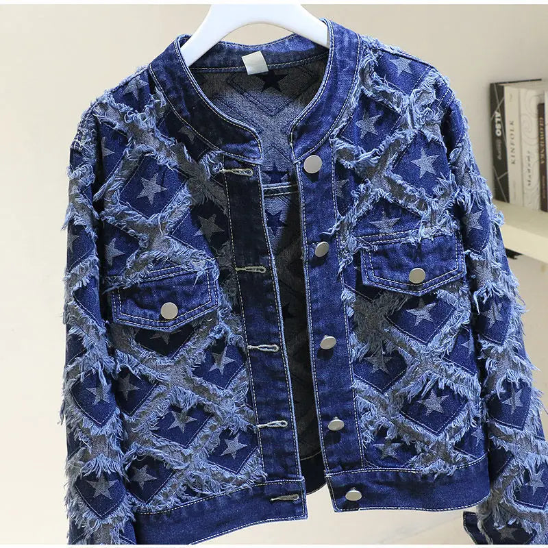 European Heavy Industry Crew Neck Denim Jacket Women's 2025 Autumn New Niche Loose Short Design Jacket