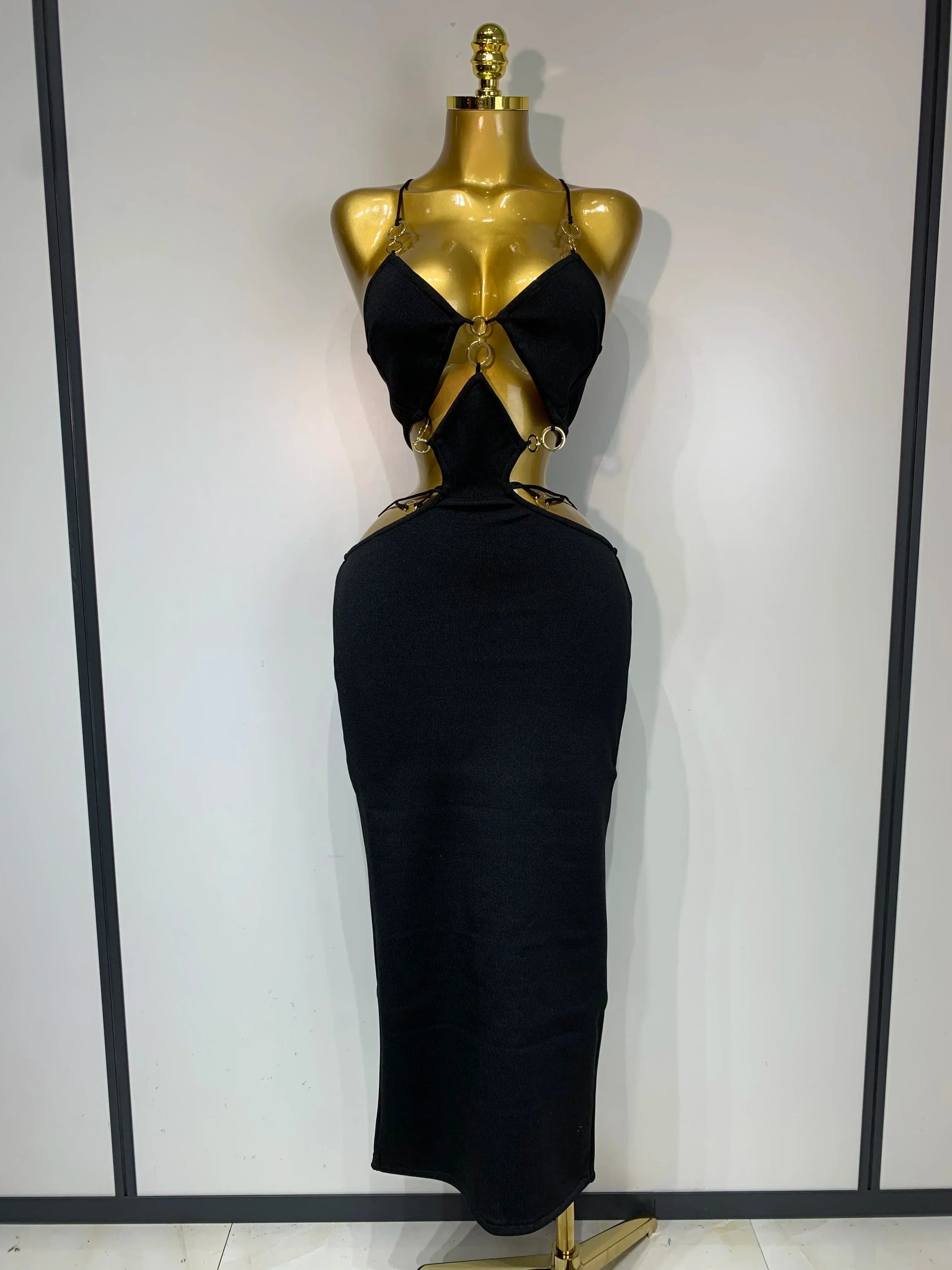 Women Sleeveless Sexy Halter Hollow Out Black Red Bodycon Long Bandage Dress Celebate Elegant Luxury Birthday Club Dress black