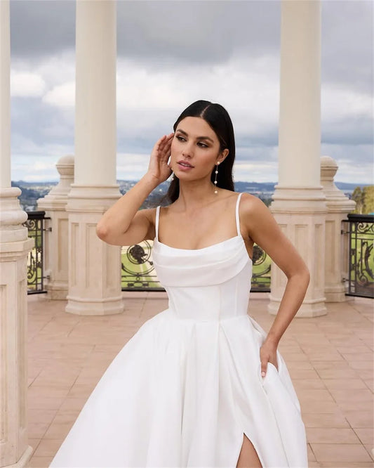 Customized Strapless Sleeveless Satin Wedding Dress Front Split A-line Back See Through Zipper With Buttons Custom Bridal Gowns