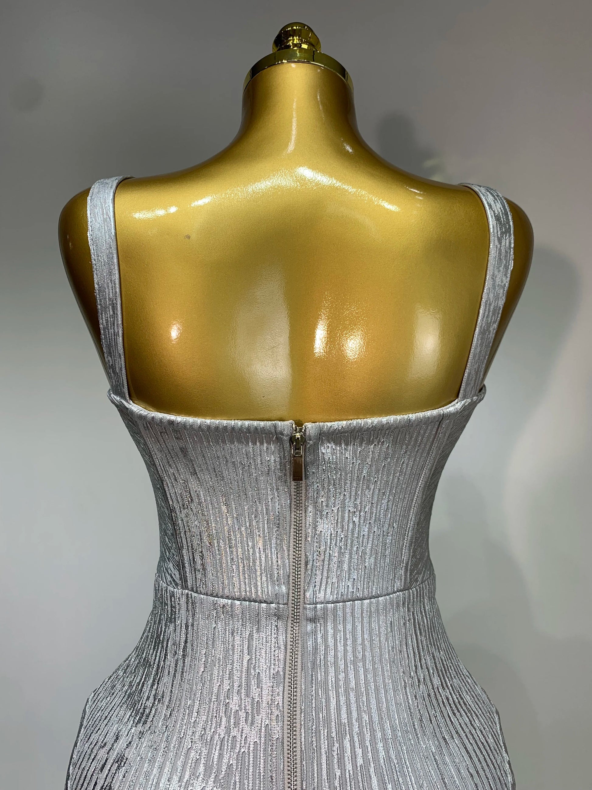 Women Sleeveless Sexy Silver V Neck Bodycon Midi Bandage Dress Celebrate Nightclub Party Birthday Dress Wedding Guest Dress