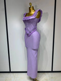Women Sexy Square Collar Ruffles Beading Long Bodycon Bandage Dress Celebrity Elegant Evening Club Party Birthday Dress