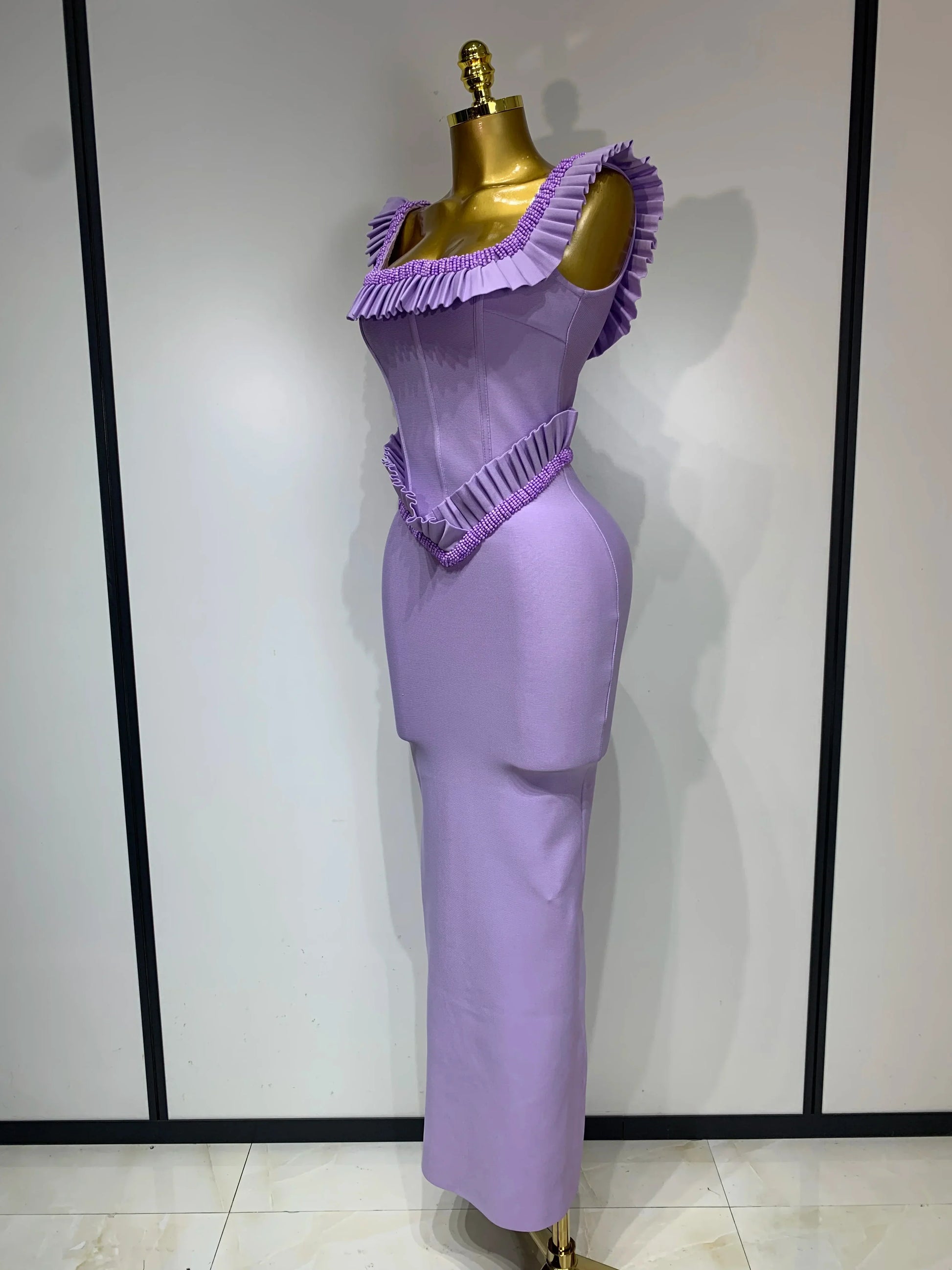 Women Sexy Square Collar Ruffles Beading Long Bodycon Bandage Dress Celebrity Elegant Evening Club Party Birthday Dress