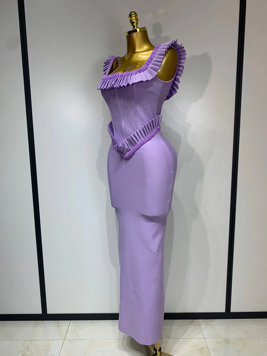 Women Sexy Square Collar Ruffles Beading Long Bodycon Bandage Dress Celebrity Elegant Evening Club Party Birthday Dress