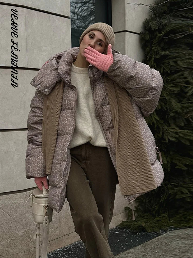 Oversized Hooded Printed Padded Jackets Women Elegant Long Sleeve Loose Autumn Winter Warm Coats Fashion Office Lady Outerwears