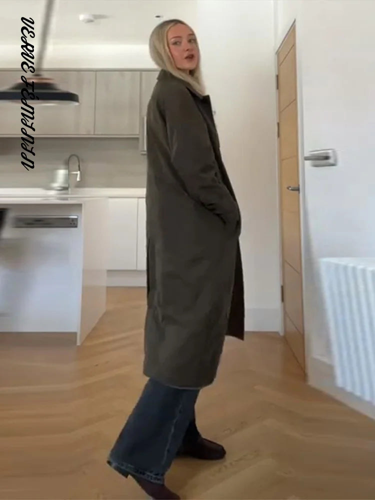 Reversible Faux Fur Collar Long Trench Coat Women Elegant Full Sleeve Single Breasted Loose Bomber Jacket Fashion Lady Outerwear