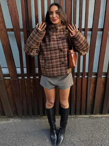 Street Plaid Loose Women Jacket Stand Collar Long Sleeve Slant Opening Single Breasted Coat Fashion Autumn Winter OfficeLady Top
