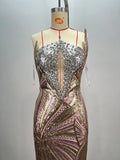 2024 Sexy Women'S Light Luxury Nail Bead Patchwork Sequin Maxi Dress Strapless Sleeveless Bodycon Backless Long Dresses Vestidos