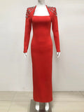 2024 Elegant Women Light Luxury Diamond Design Bandage Dress Square Neck Long Sleeve Bodycon Long Dress Christmas Party Vestidos Red