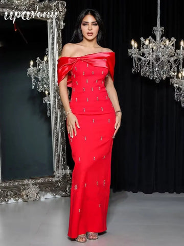 2025 Elegant Women's Light Luxury Hot Diamond Patchwork Bandage Dress O-Neck Sleeveless Bodycon Long Dress Evening Party Vestido Red