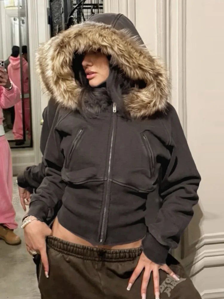 Leather Patchwork Slim Women Hoodies Batwing Long Sleeve Waist Cinching Zipper Pockets Crop Tops New Autumn Winter Ladies Jacket