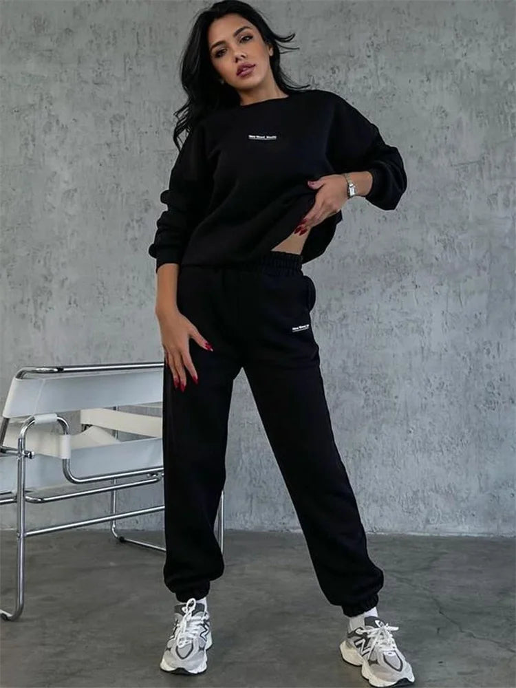 Fashion Casual Hoodies Two Piece Set Women Long Sleeve O Neck Loose Sweatshirt High Waist Sweatpants Suit Streetwear Tracksuits