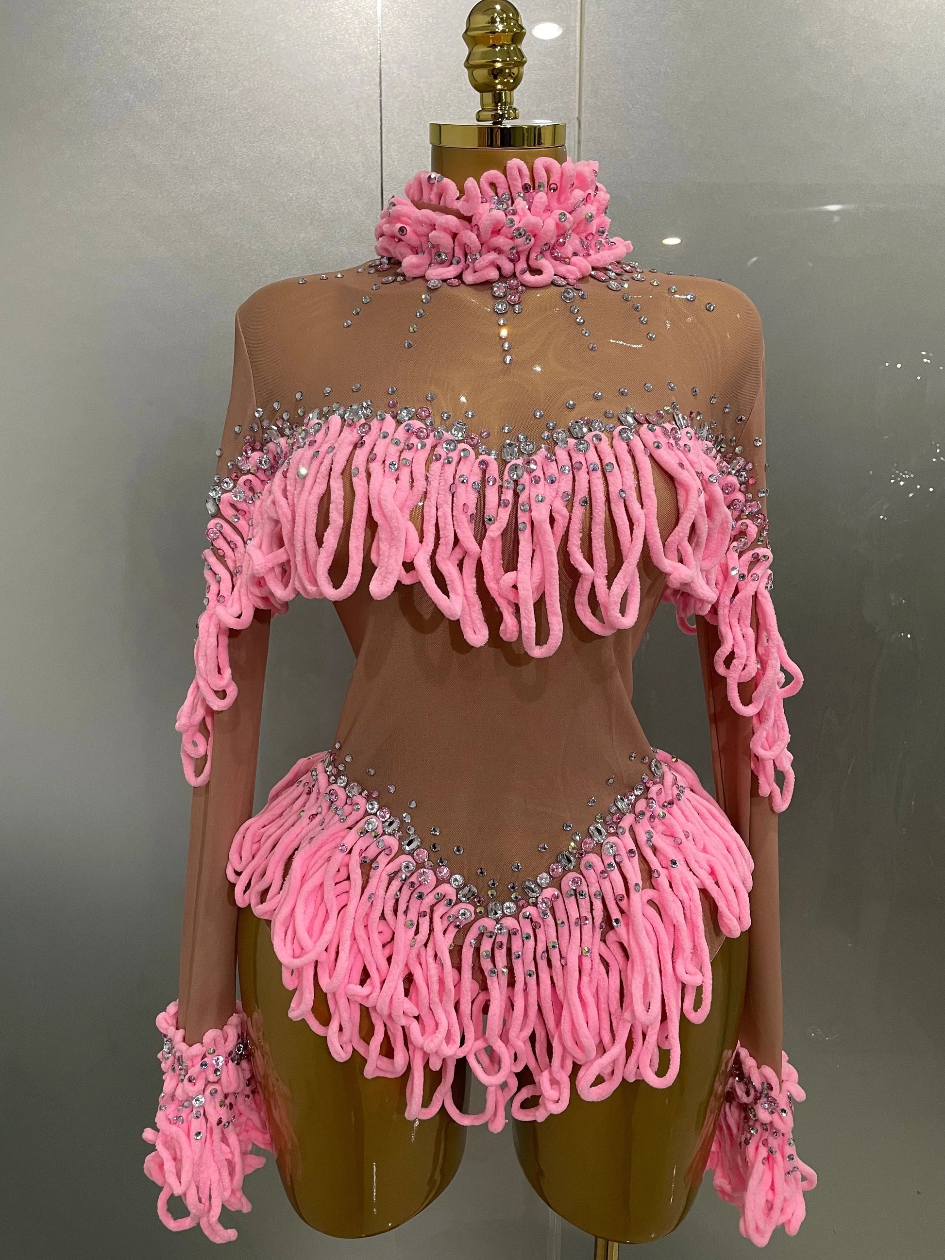 Women Shining Rhinestones Sexy Mesh Tassels Bodysuit Birthday Party Club Performance Dance DJ Leotard Show Stage Wear Pink