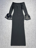2024 Sexy Women's Bandage Long Dress with One Collar Shoulder and Horn Sleeve Bodycon Dress Cocktail Evening Party Vestidos black