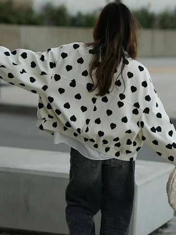Street Heart-shaped Printed Loose Women's Jackets Turn-down Collar Lantern Long Sleeve Pilot Coats 2025 Early Autumn Ladies Tops