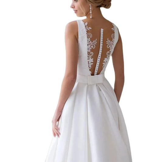 New Arrival Wedding Dress Boat Neck Sleeveless Lace Appliques Button Back A Line Bridal Formal Grown Vestidos De Novia