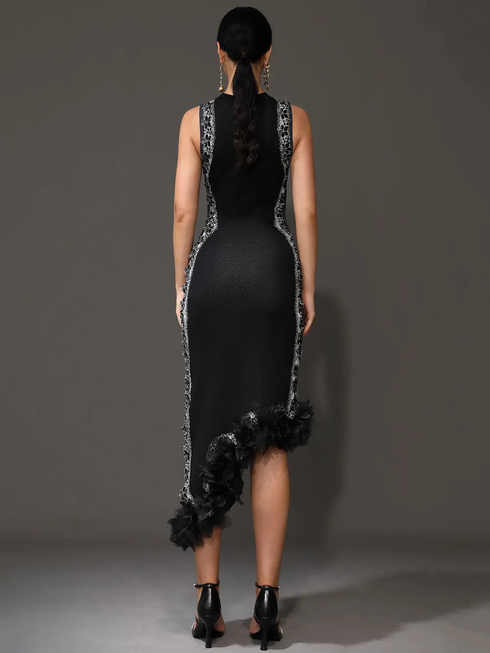 2024 Chic Women Heavy Industry Embroidery Patchwork Bandage Dress O-neck Sleeveless Bodycon Asymmetric Midi Dress Party Vestidos