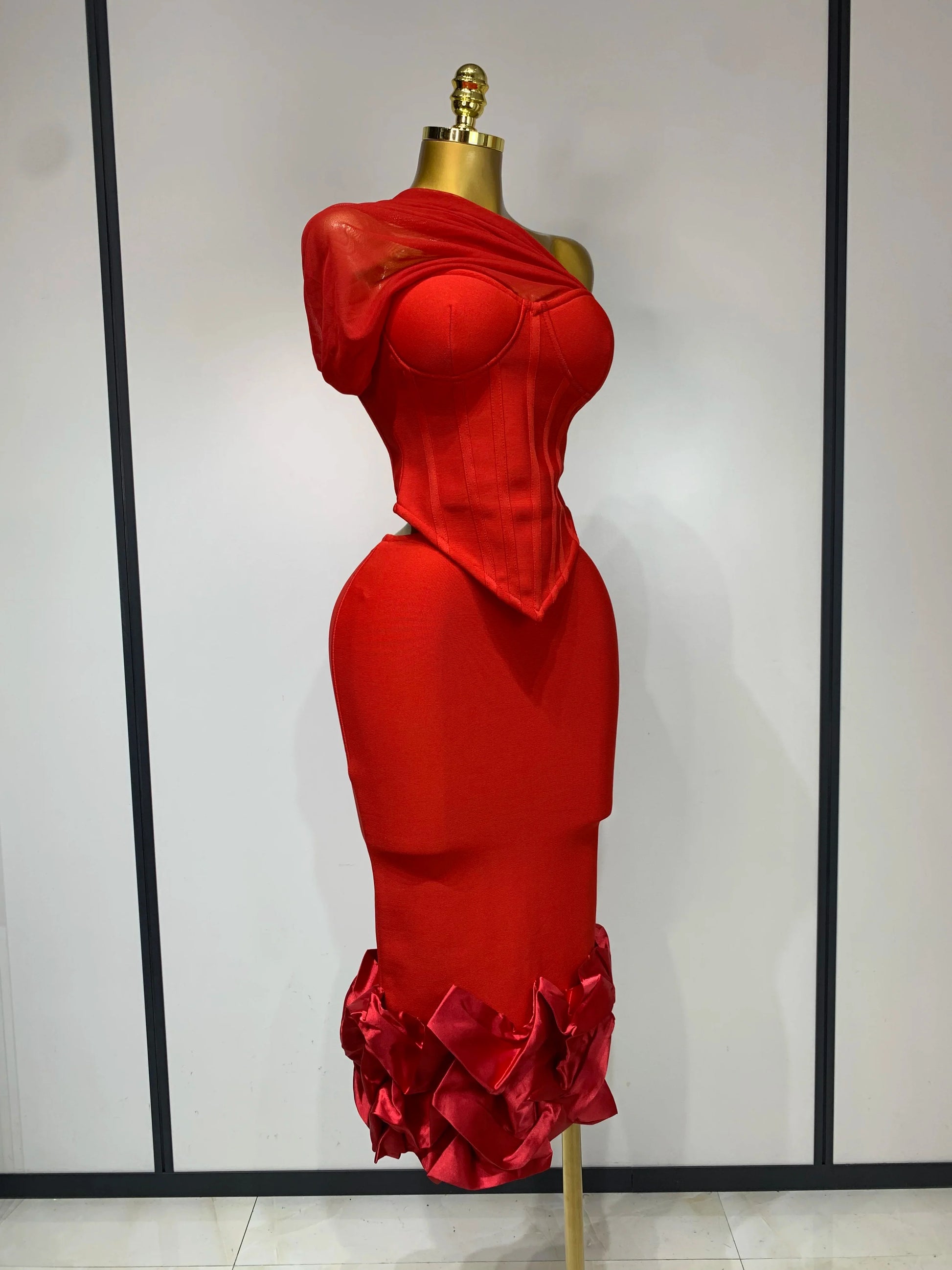 Women Sexy One Shoulder Mesh Splice Red Two Pieces Skirt Bandage Set 2025 Celebrity Designer Fashion Evening Party Women's Set