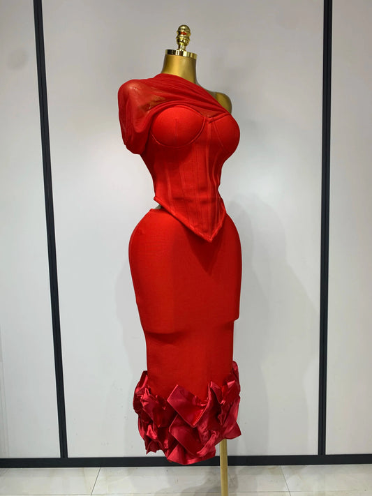 Women Sexy One Shoulder Mesh Splice Red Two Pieces Skirt Bandage Set 2025 Celebrity Designer Fashion Evening Party Women's Set