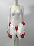 2024 Sexy Women's 3D Flower Decorative Puff Dress Strapless Sleeveless Backless A-line Mini Dress Cocktail Evening Party Vestido WHITE