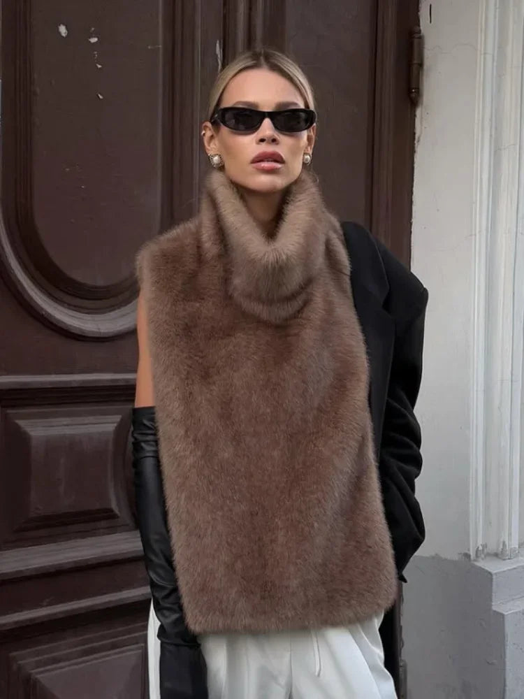 Solid Faux Fur Vest For Women Fashion Turtleneck Fluffy Short Tank Tops 2025 Winter Female Elegant Sleeveless Jacket Coat New