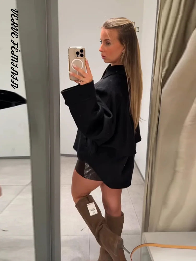 Lapel Zipper Solid Woolen Overcoat Women Elegant Turn-down Collar Full Sleeve Loose Autumn Winter Bomber Coat New Lady Outerwear