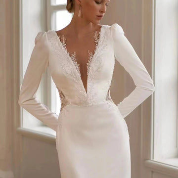 Elegant Wedding Dress 2026 Deep V-neck long Sleeves Baed Sequins Lace Sweep Train Bridal Bride Gown Women vestidos de novia