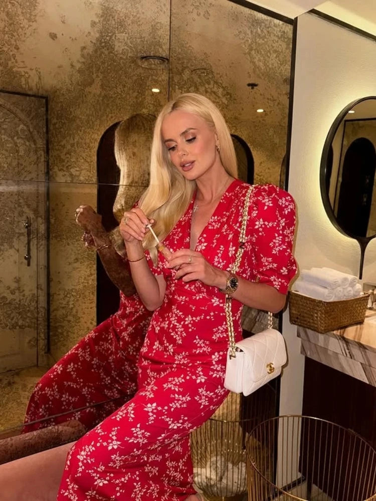 Short Sleeves Printed Deep V-neck Maxi Dress Women Glamorous Waist Cinching Hip Package Slim Evening Dresses Chic Ladies Vestido