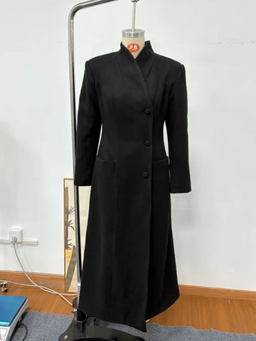 Diagonal Placket Waist Cinching Shoulder Pad Woolen Coats Women Elegant Single Breasted Slim Long Coat Fashion Ladies Outerwears