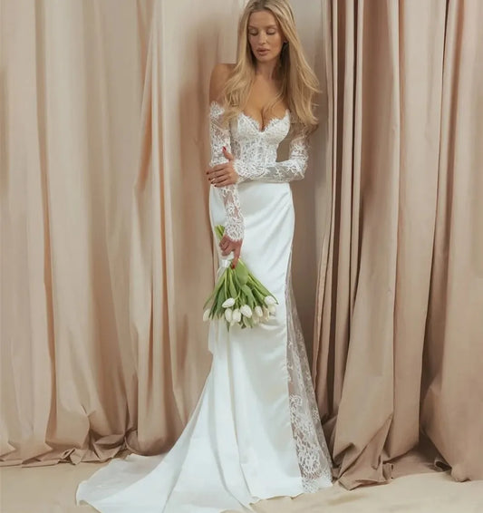 Sexy Mew Mermaid Wedding Dress 2026 Off the Shoulder Long Sleeves Split Lace Satin Bride Party Bridal Gowns Boho Vestidos