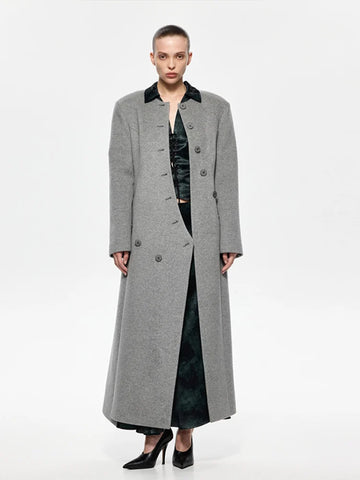 Women's Long Coats Collarless Asymmetric Button Full Sleeve Woolen Overcoat Autumn 2025 Female O-neck Slim Jacket New Outerwears