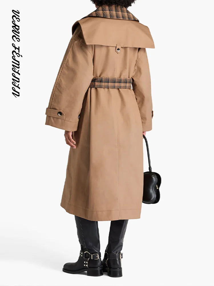 Women's Bomber Jacket Lapel Panelled Full Sleeve Slim Long Trench Coats Autumn 2025 Female With Belt Slim Coat Fashion Outerwear