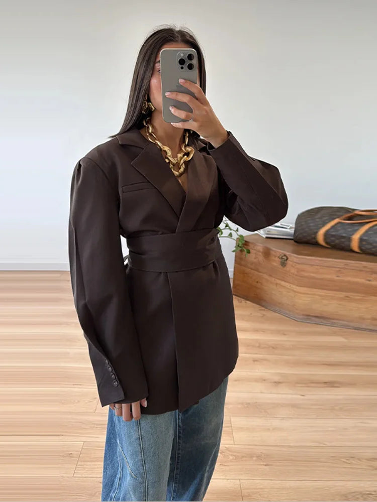 Women's Bomber Coats Lace Up Long Sleeve Blazer New Female Lapel Lapel Waist Cinching Slim Jacket Early Spring Ladies Outerwears