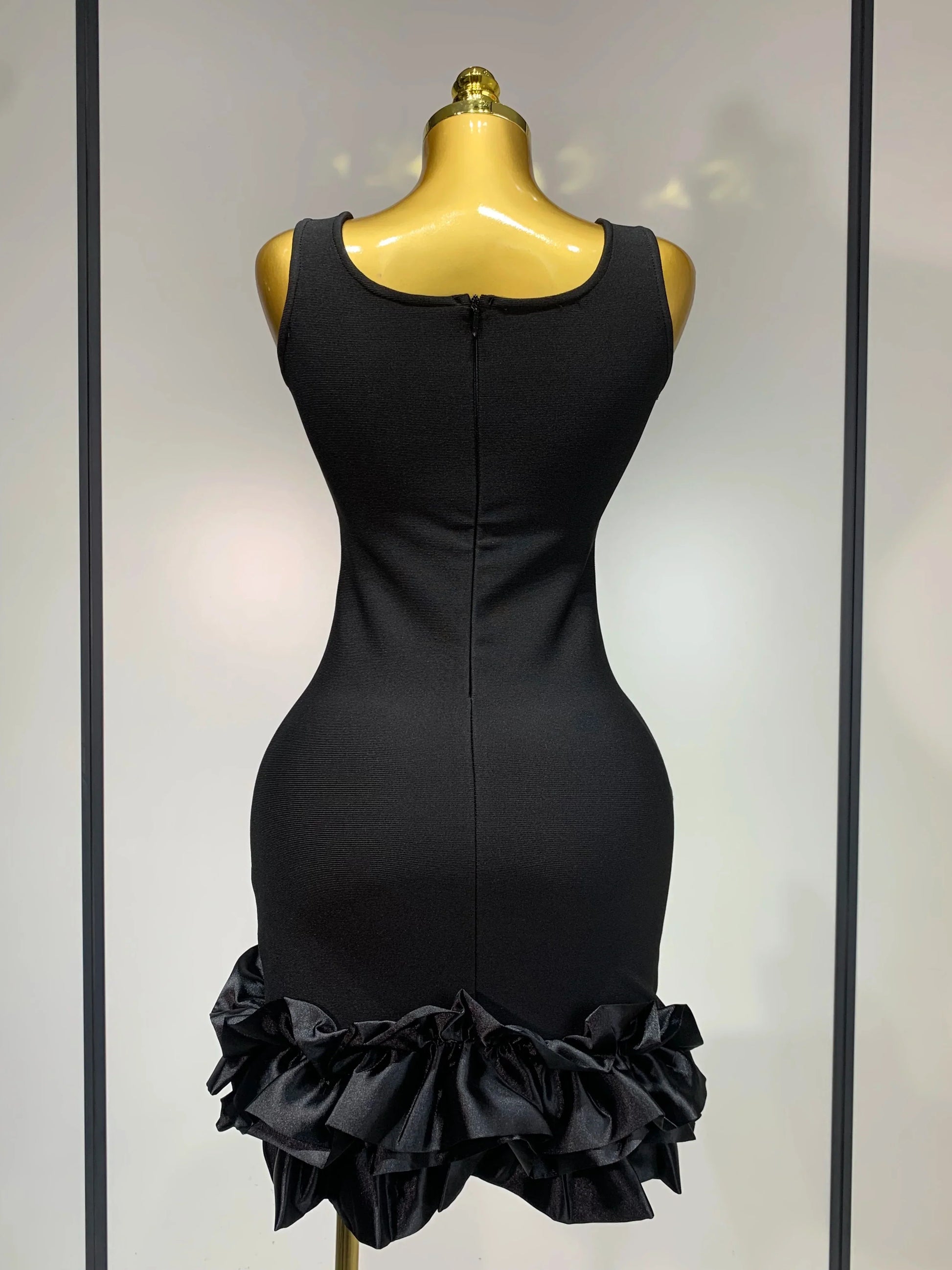 Women Spaghetti Strap Bodycon Short Dress Black Pleated Ruffle Hem Sleeveless Evening Party Cocktail Elegant Birthday Dresses