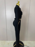 Golden Buttons Short Coat Top And Flare Pants Bandage 2 Pieces Set Woman Celebrity Evening Party Vestidos