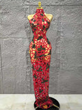 Women Sleeveless Sexy Hollow Out Shinning Rhinestones Bodycon Long Dress Backless Celebrate Nightclub Party Celebrity Stage Wear Red
