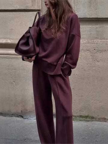 Women Autumn 2 Piece Set Casual Simple Solid Long Sleeve Turtleneck Pullover Top Loose Wide Legs Pants Sets 2025 Lady Outfit