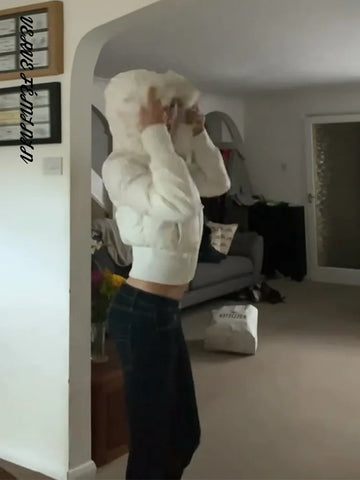 Women's Bomber Coats Faux Fur Collar Hooded Short Padded Jacket Autumn 2025 Lantern Sleeve Ruched Zipper Coat Fashion Outerwears