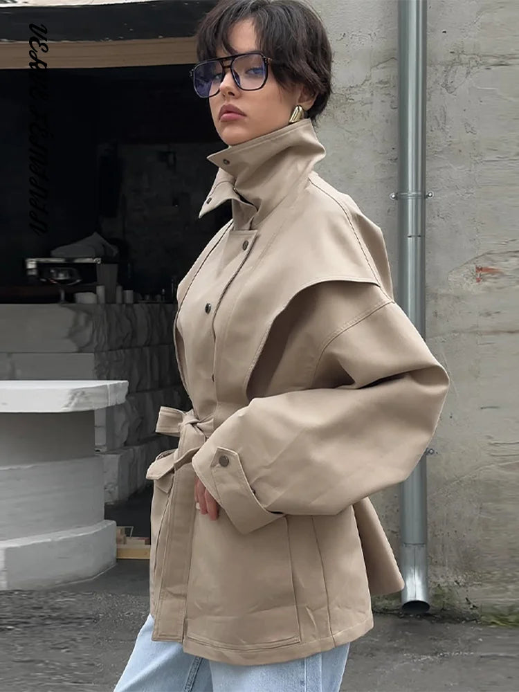 Women's Windbreaker Button Waist Cinching Lace Up Midi Trench Coat Early Spring Female Solid Slim Jacket Fashion Lady Outerwears