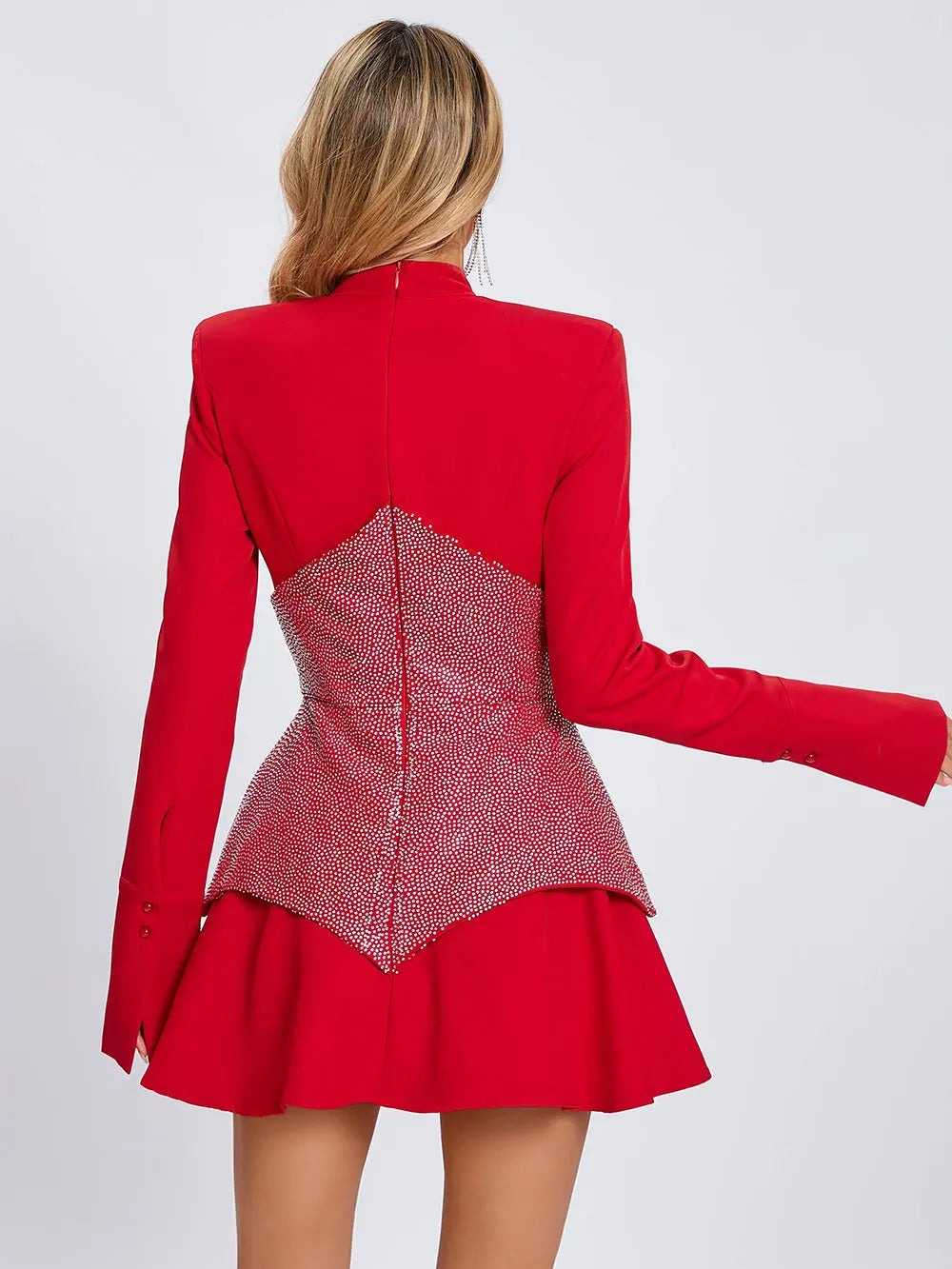 2024 Elegant Women'S Christmas Dress Pleated Mini Dress Stand Collar Long Sleeved Rhinestone Design Dress Cocktail Party Vestido