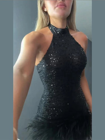 Women's Evening Dresses Sequined Feather Patchwork Party Short Dress Sexy Female Sleeveless Backless Slim Partywear Clubwear New