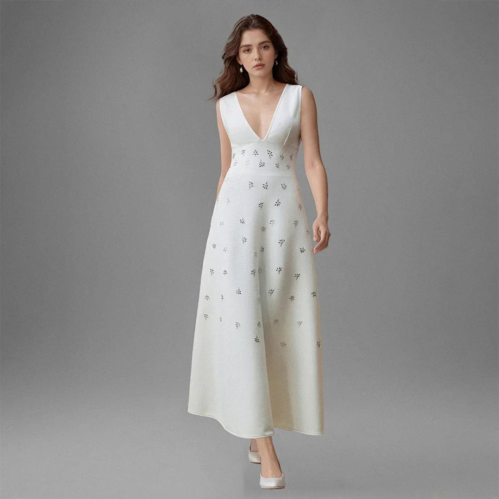 Prom Dress Elegant Crystal Sleeveless Bandage Wedding Dress For Women High waist A-line Maxi Summer Evening Party Dresses Robe WHITE