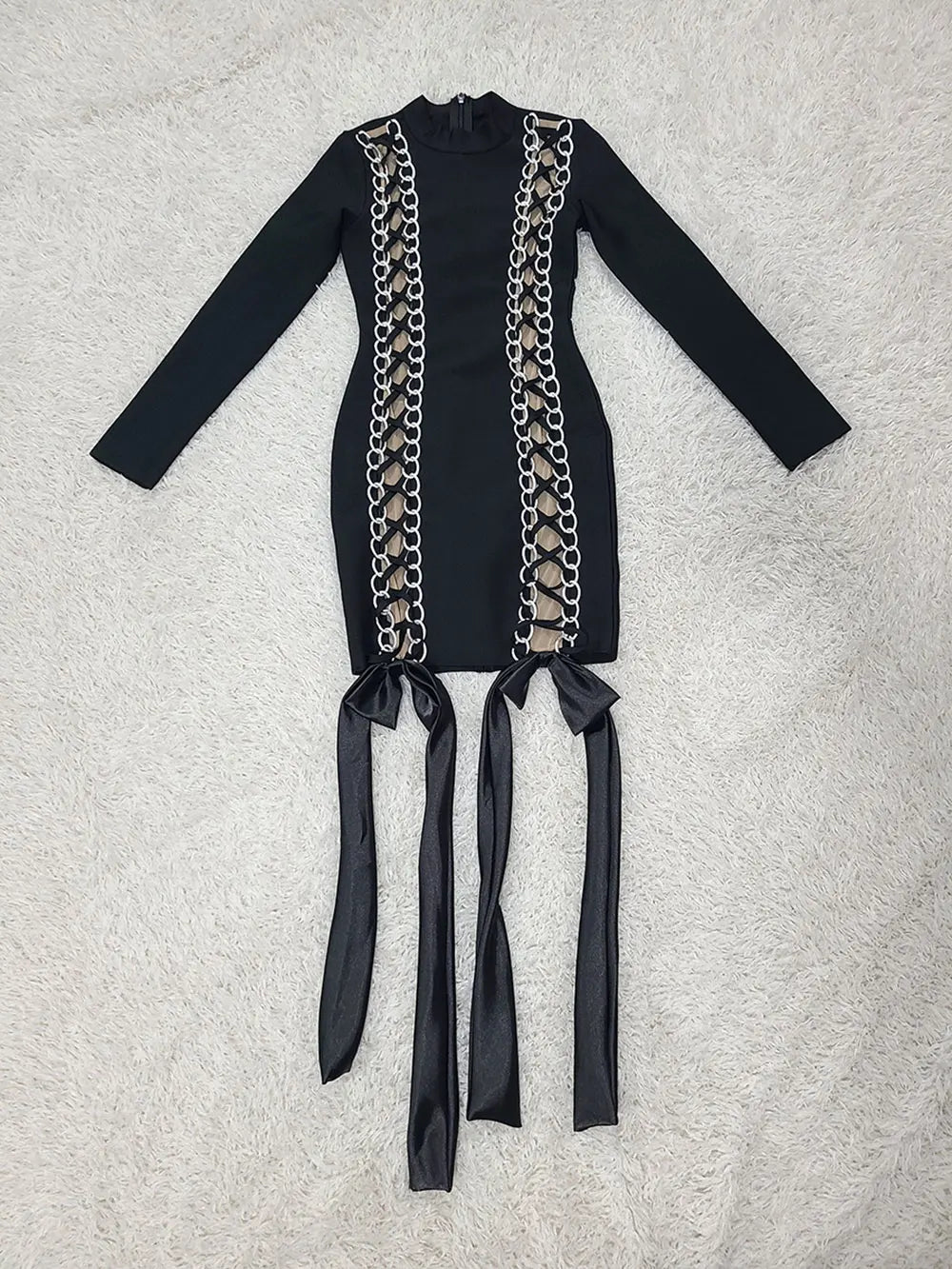 2024 Women's Sexy Drawstring Strap Bandage Dress O-neck Long Sleeve Bodycon Mini Dress Cocktail Evening Party Vestidos black