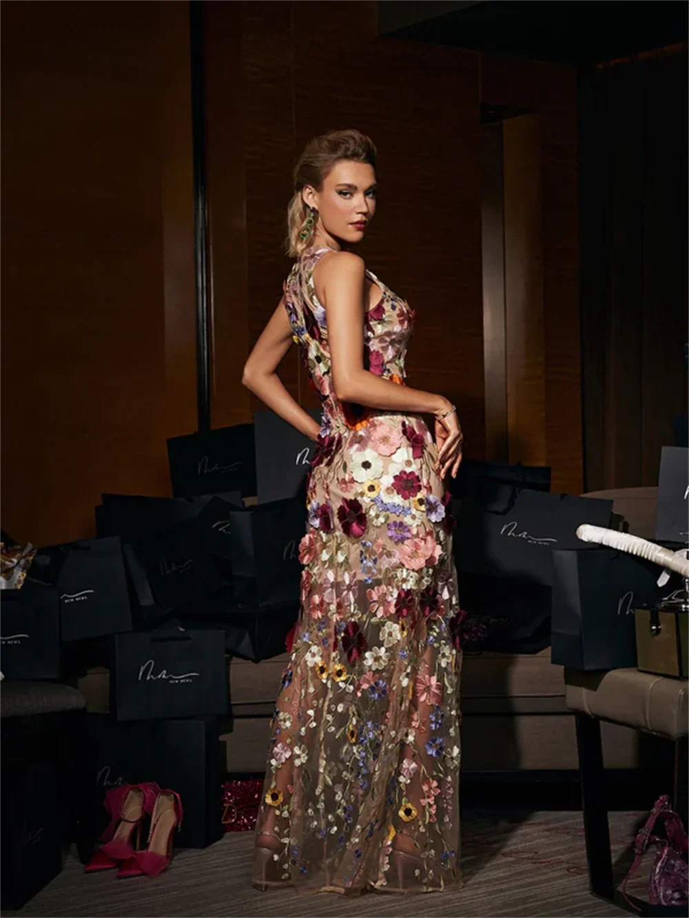 Flower Lace Embroidery Prom Dresses Crew-neck Evening Dress Elegant Sleeveless A-line Two Layers Party vestidos de fiesta